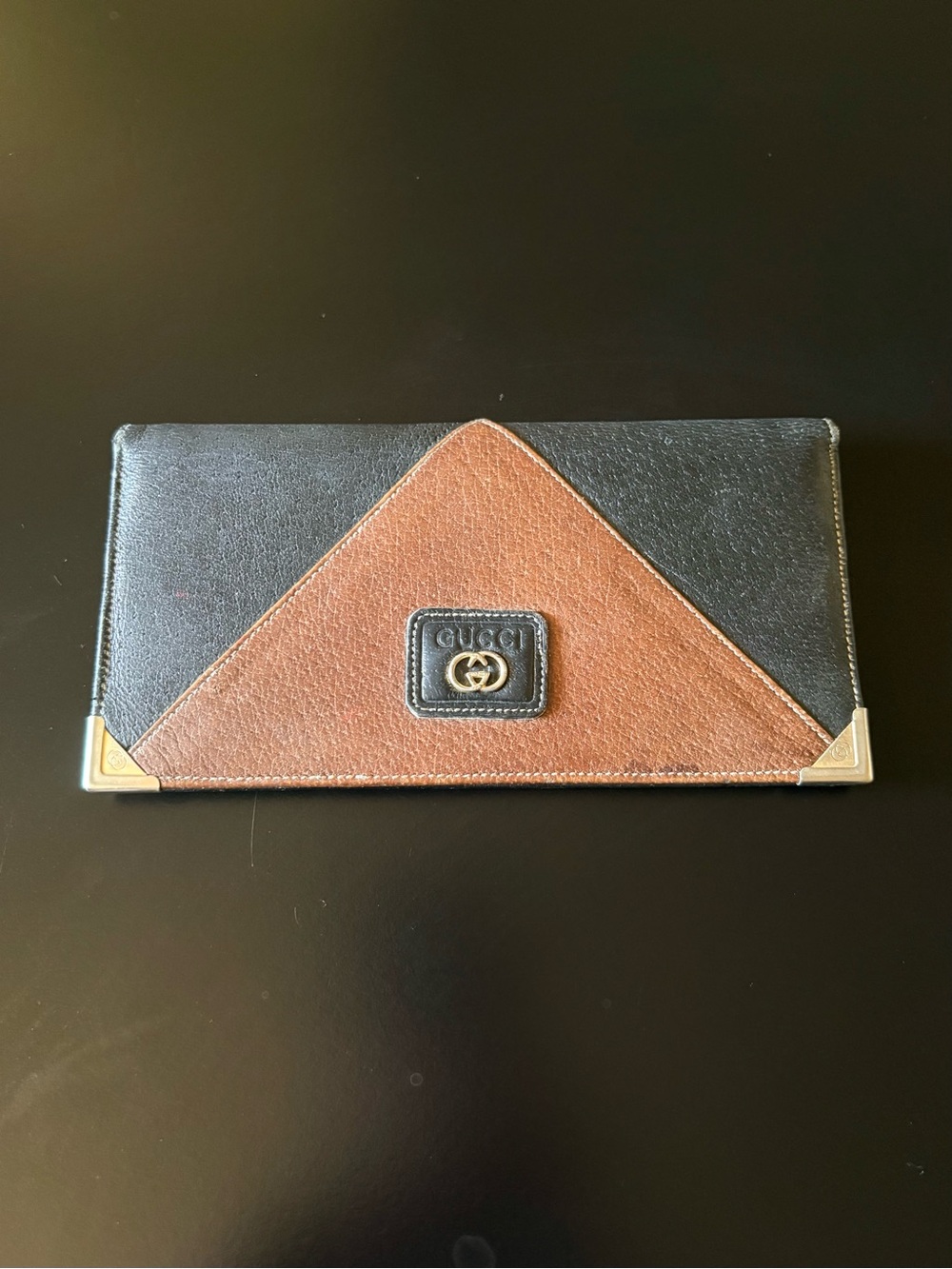 Gucci Vintage Black & Brown Leather Continental Card Holder with Gold Corners